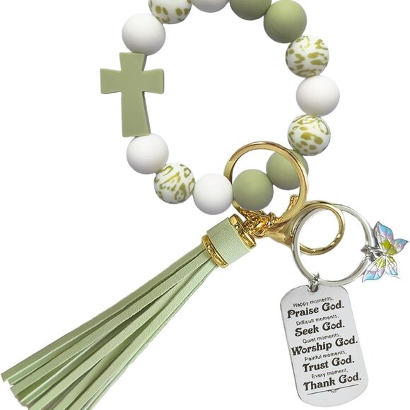Accessories - Silicone Beaded Keychain Wristlet Bracelet for Women Girls with Cross Gift